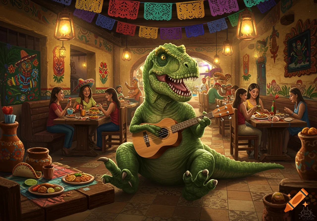 A large green dinosaur plays a ukulele in a vibrant, decorated Mexican restaurant, while people dine at tables.