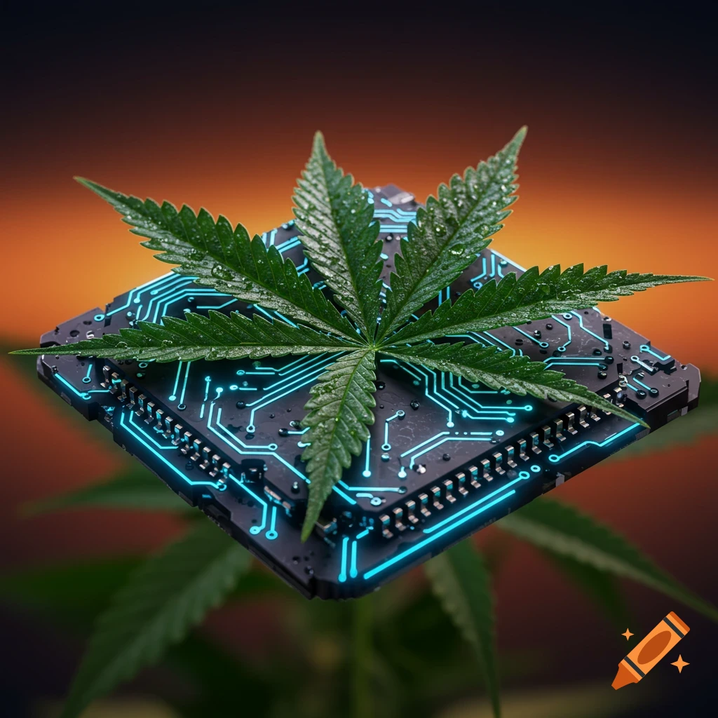 A vibrant green cannabis leaf with water droplets rests on a glowing blue circuit board.