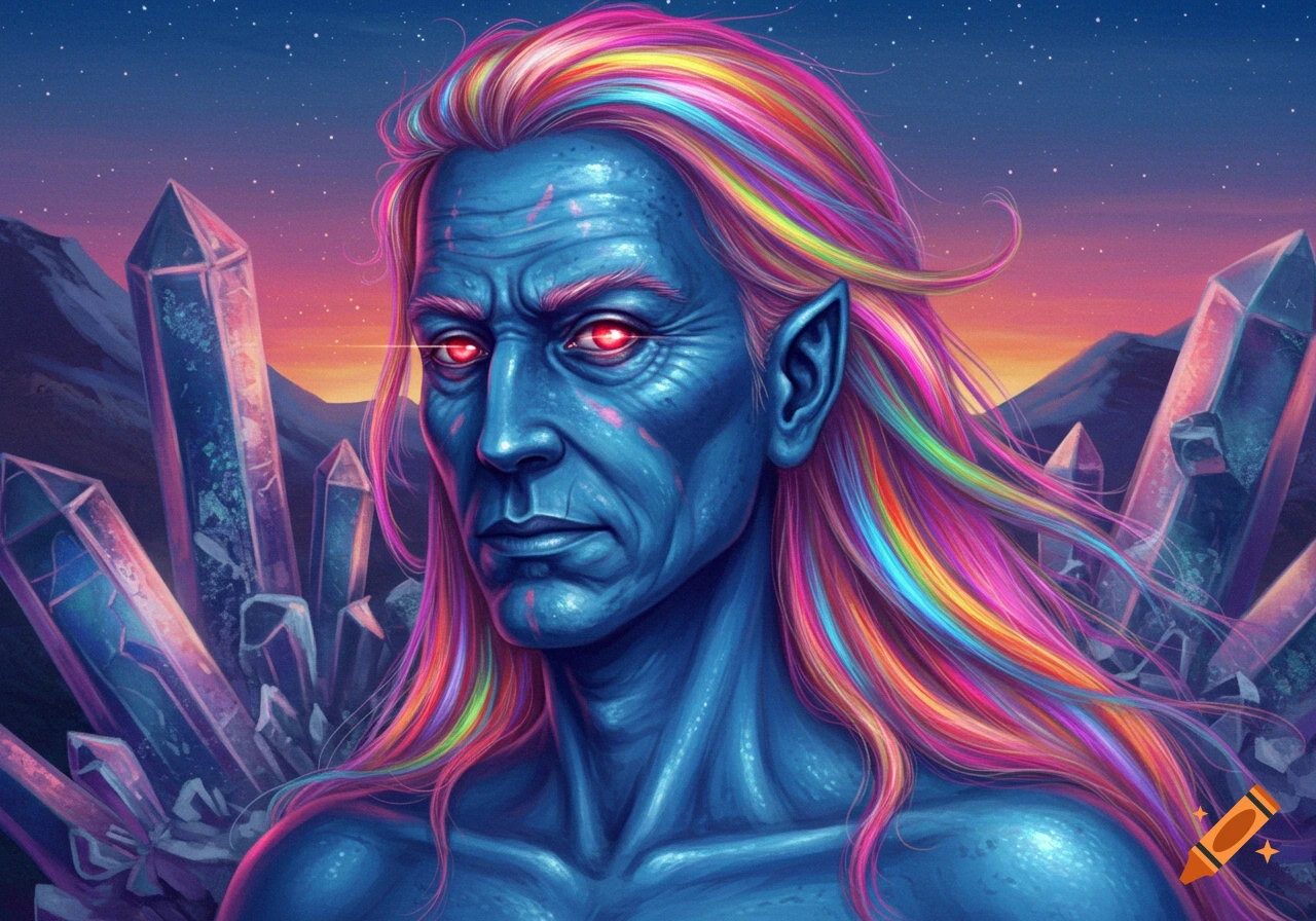 Blue-skinned fantasy male with long rainbow hair, red eyes, and pointy ears, surrounded by glowing crystals under a starry sky.