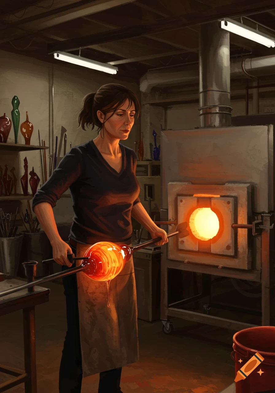 A woman glassblower shaping a glowing molten glass piece on a rod near a hot furnace in a workshop, illustrated.