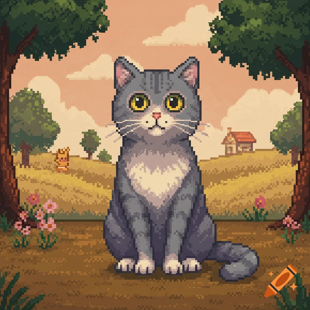 A pixel art illustration of a grey cat with yellow eyes sitting in a rural field, surrounded by trees, flowers, and a small house in the background.