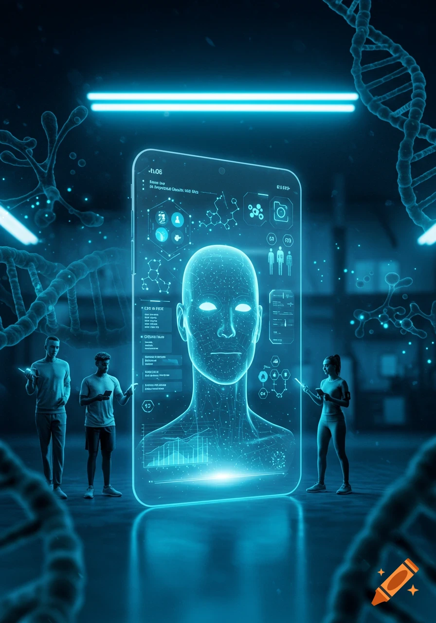 Three people interact with a large, glowing holographic smartphone displaying a human head and health data, surrounded by DNA strands in a dark, futuristic setting.