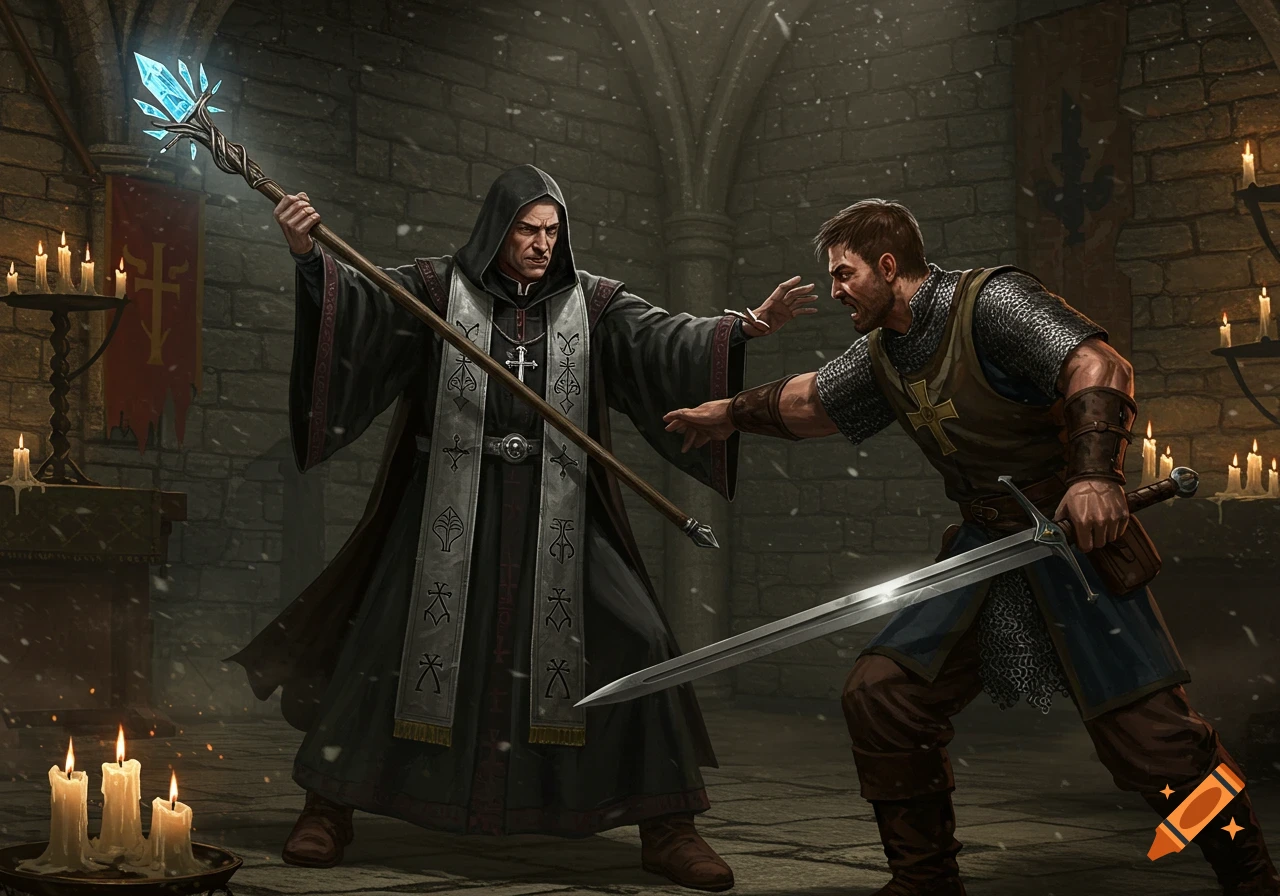 A medieval priest holding a glowing staff confronts a warrior with a sword in a candlelit stone chamber.