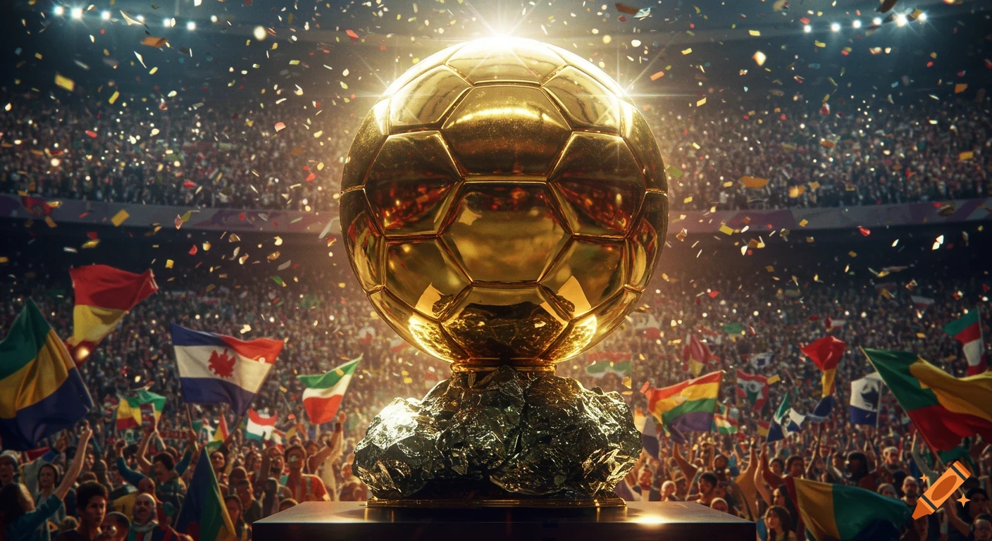 A gleaming golden soccer ball trophy stands in a packed stadium as confetti falls and cheering fans wave flags.