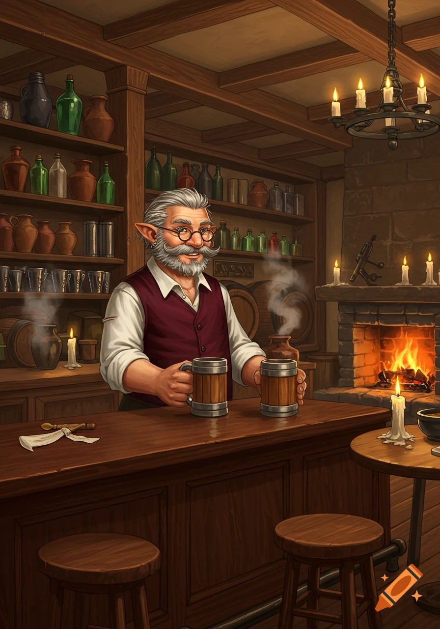 A friendly grey-haired elf innkeeper with a beard and glasses stands behind a bar in a cozy tavern, holding two wooden mugs.