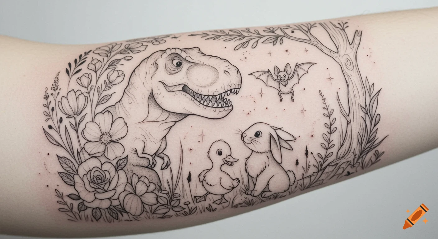 Black and white line art tattoo of a friendly T-Rex, bat, bunny, and duckling in a whimsical forest with flowers on an arm.