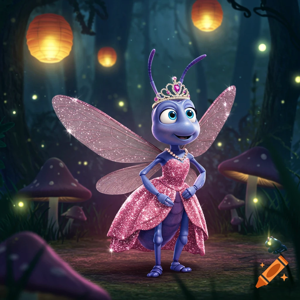 Flik from A Bug's Life wears a sparkling pink princess dress and tiara in a magical forest with glowing lanterns.