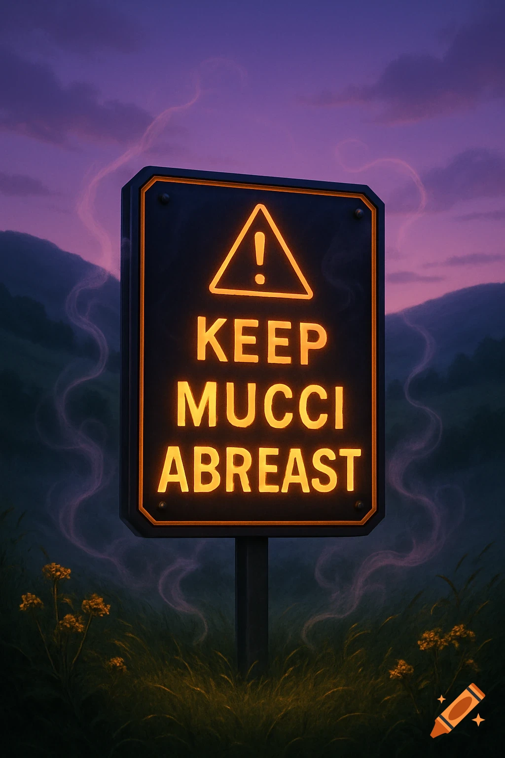 A glowing warning sign reads 'KEEP MUCCI ABREAST' under a dramatic purple sky in a dark, stylized landscape.