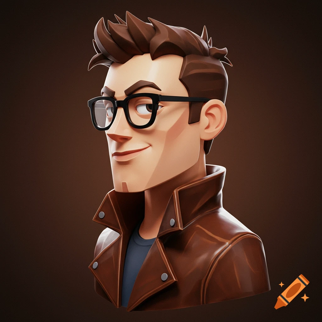 A stylized 3D render bust of a man with spiky brown hair, black glasses, a grin, and a brown leather jacket.