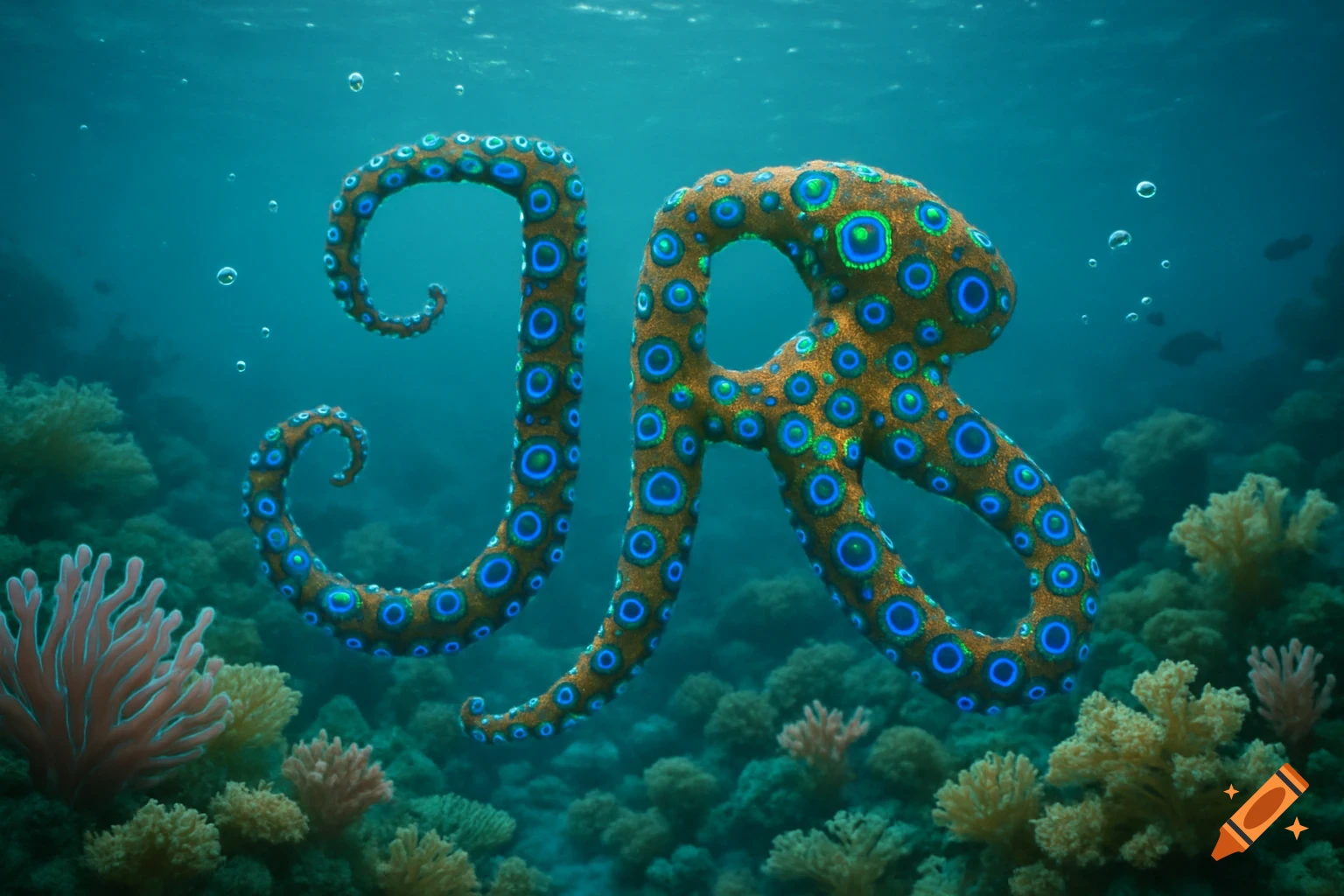 Blue-ringed octopus tentacles forming the letters 'JR' in a vibrant underwater coral reef scene.
