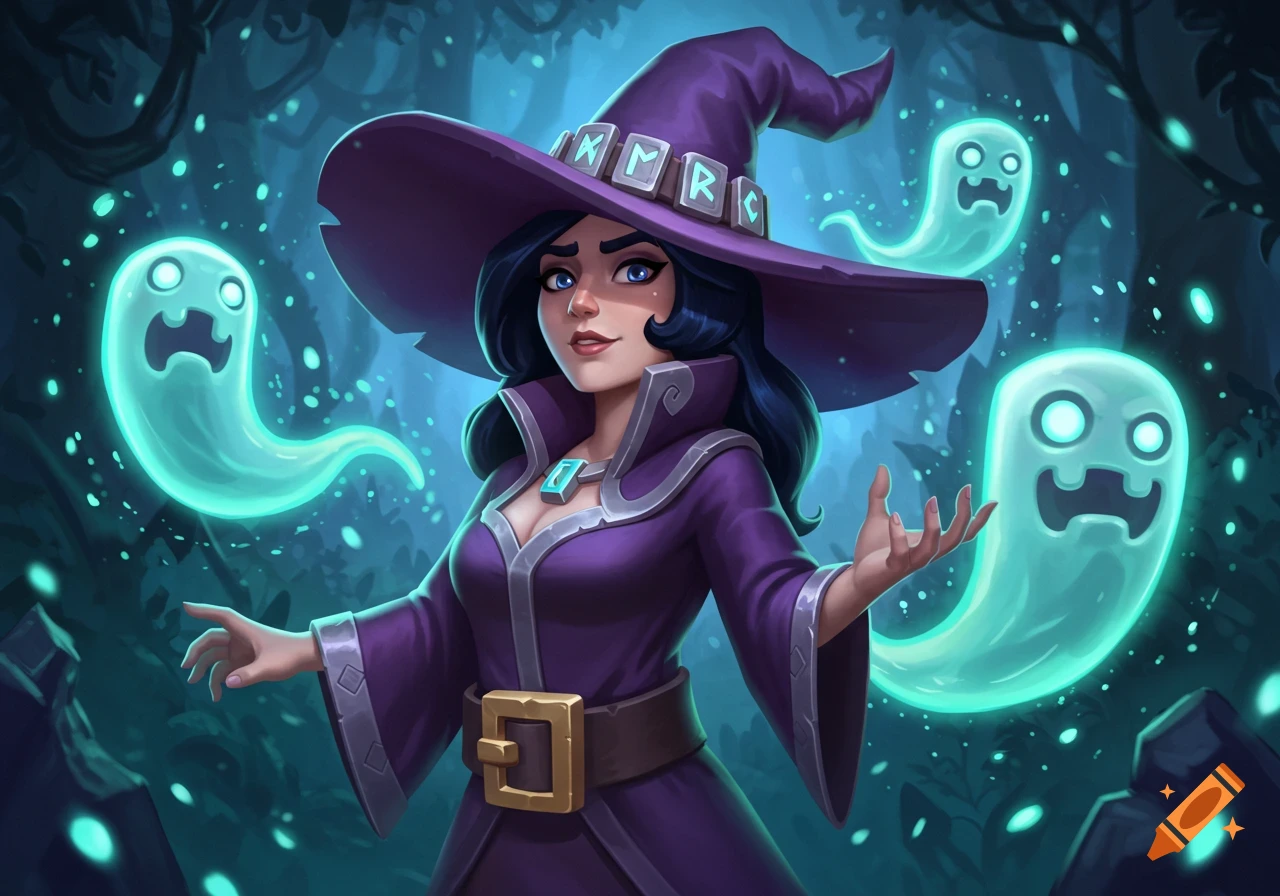 Stylized illustration of a witch in a purple hat and robe, with glowing runes on her hat, summoning three blue ghosts in a dark, mystical forest.