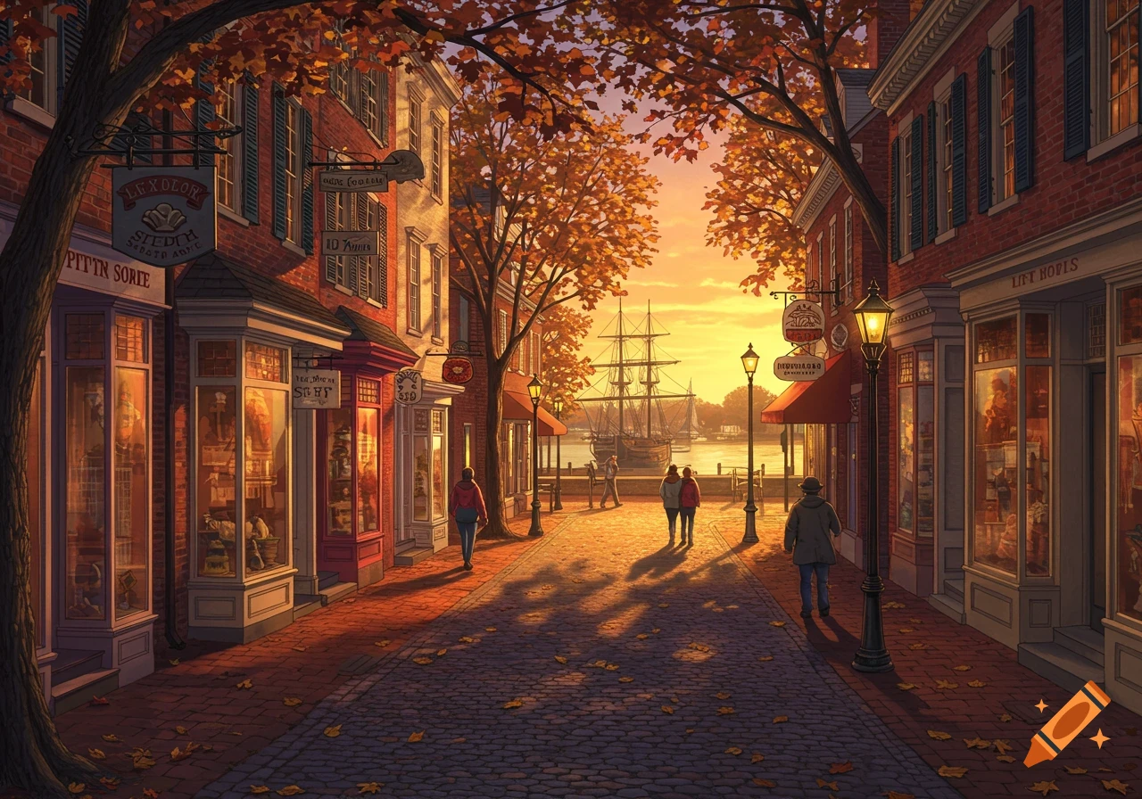A charming, animated-style street scene at sunset, with brick buildings, autumn trees, people walking, and ships in a harbor.