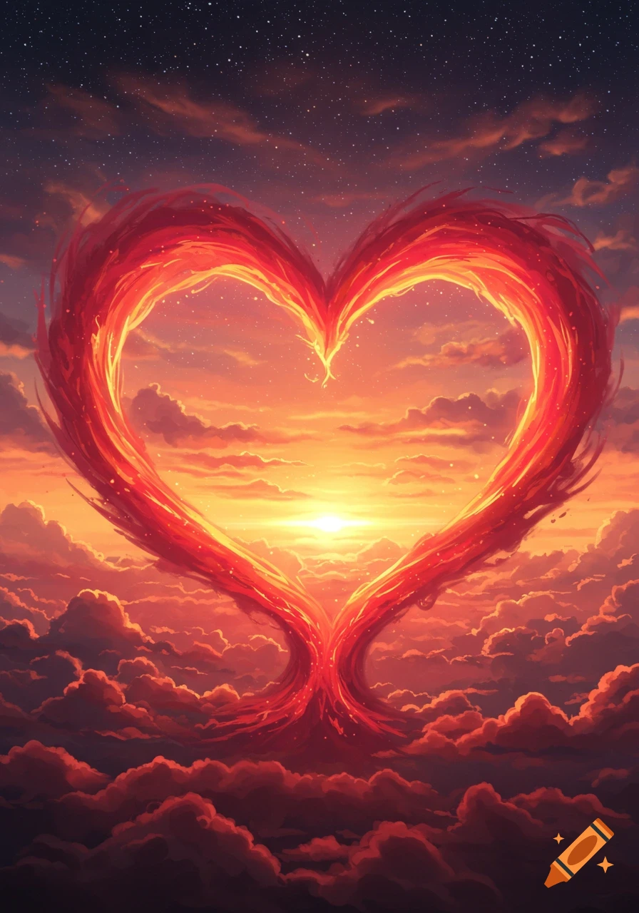 A dramatic, glowing heart made of red and orange flames against a vibrant sunset sky with clouds and stars.