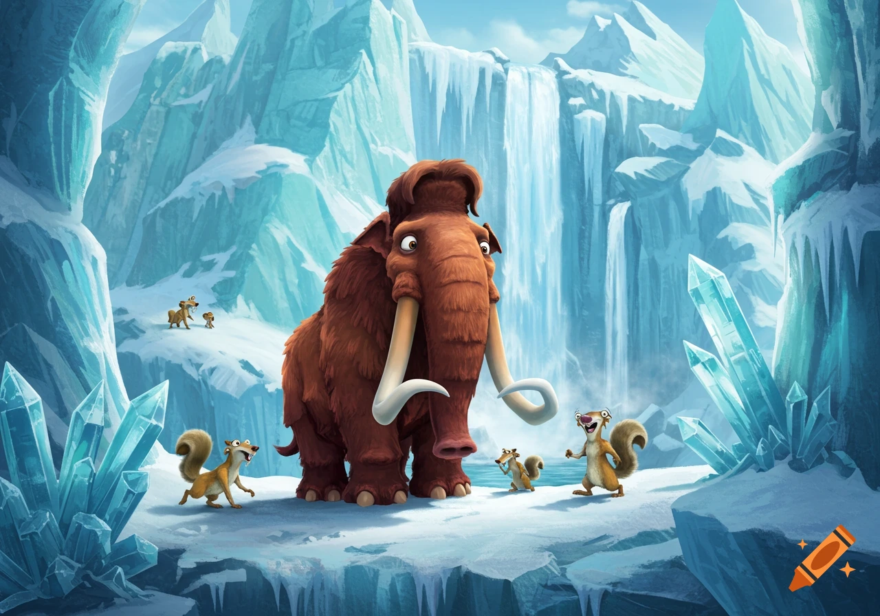 Cartoon woolly mammoth, squirrels, and weasel-like creatures in a snowy arctic landscape with ice crystals and waterfalls.