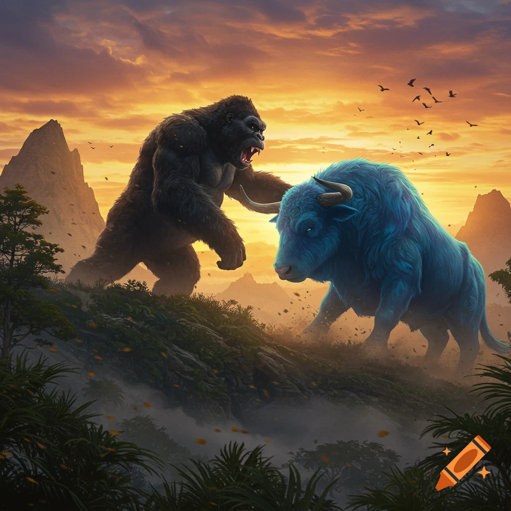 King Kong roaring and fighting a giant blue ox on a misty, rocky hillside at sunset, with mountains and birds in the background, digital art.