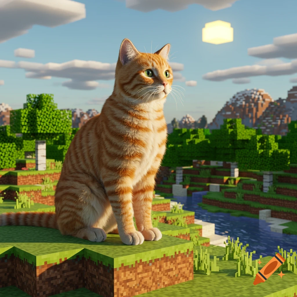 A realistic orange tabby cat sits on a blocky green plain in a pixelated Minecraft-style world with a river and mountains.