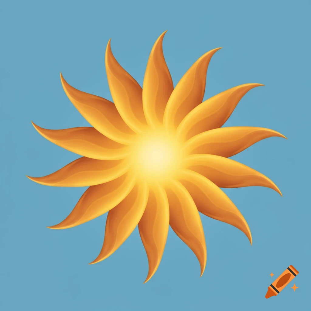 An orange and yellow icon of the sun with wavy rays radiating from a bright center, set against a blue background.