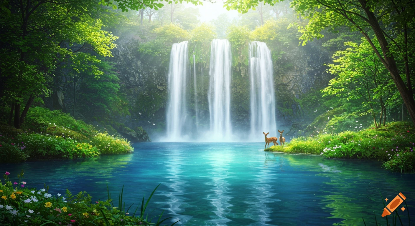 A majestic forest landscape with three waterfalls cascading into a serene turquoise pond, two deer stand on the grassy bank.