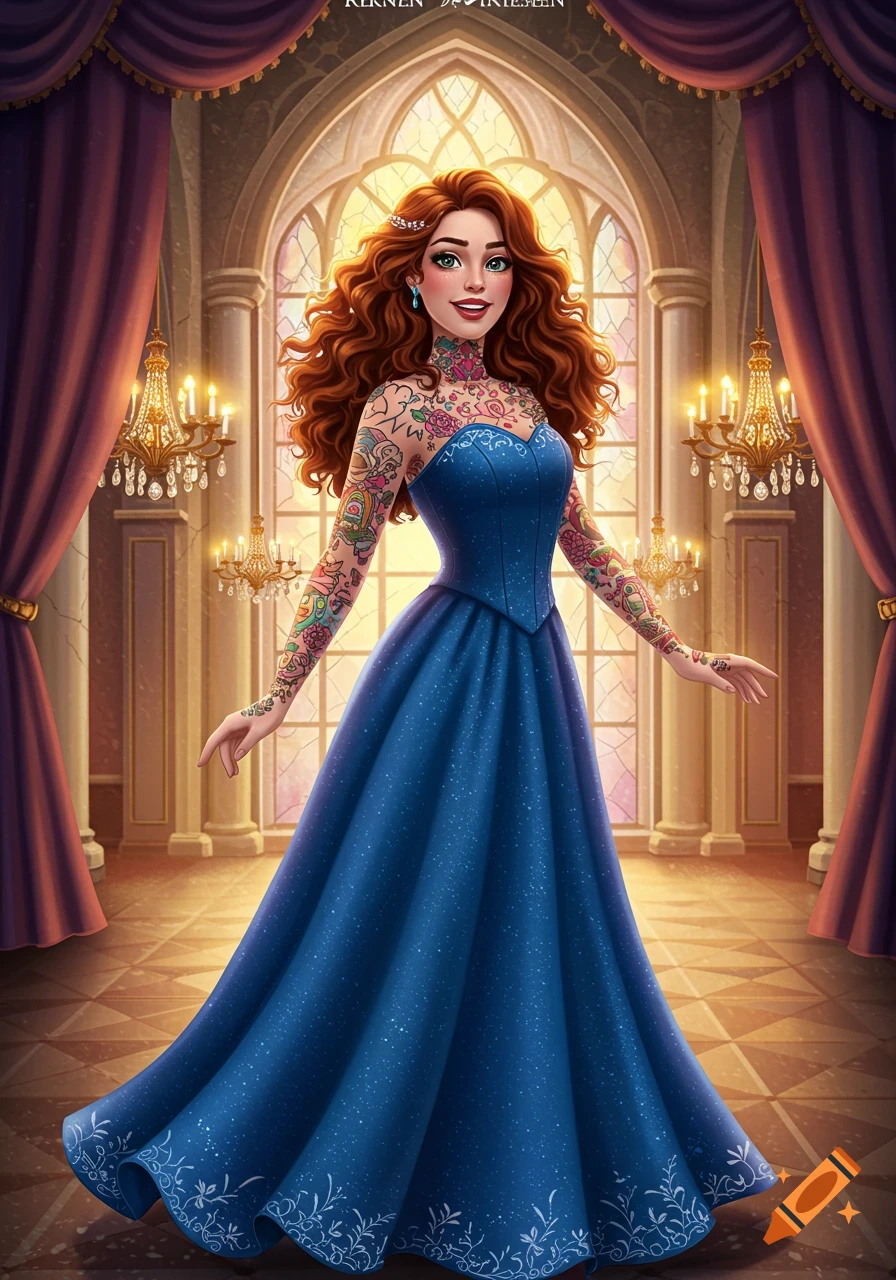 A smiling red-haired princess in a sparkly blue gown, covered in colorful tattoos, stands in a grand ballroom, Disney style.