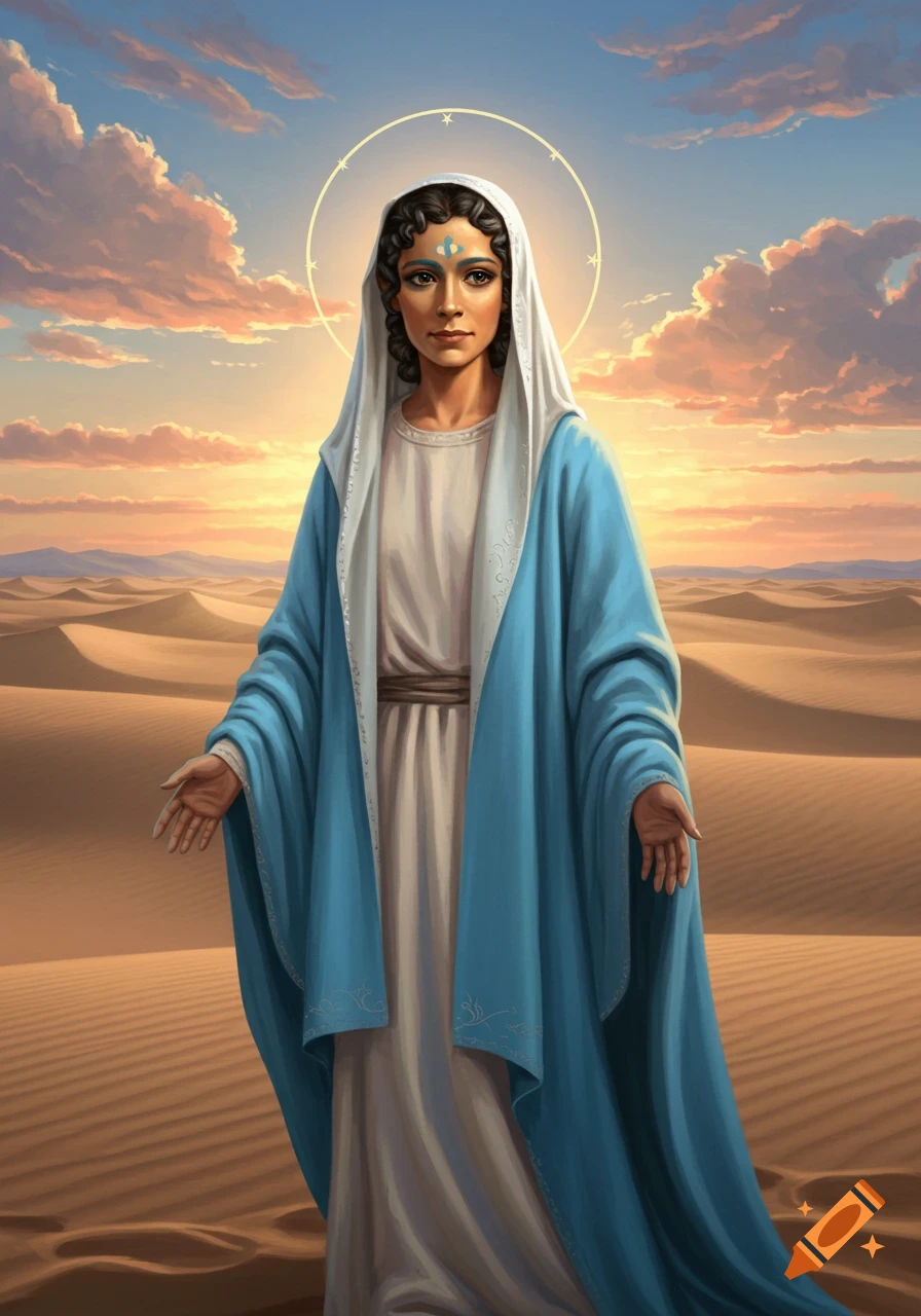 Realistic portrait of a woman resembling the Virgin Mary in a blue robe, standing with open hands in a desert at sunset.