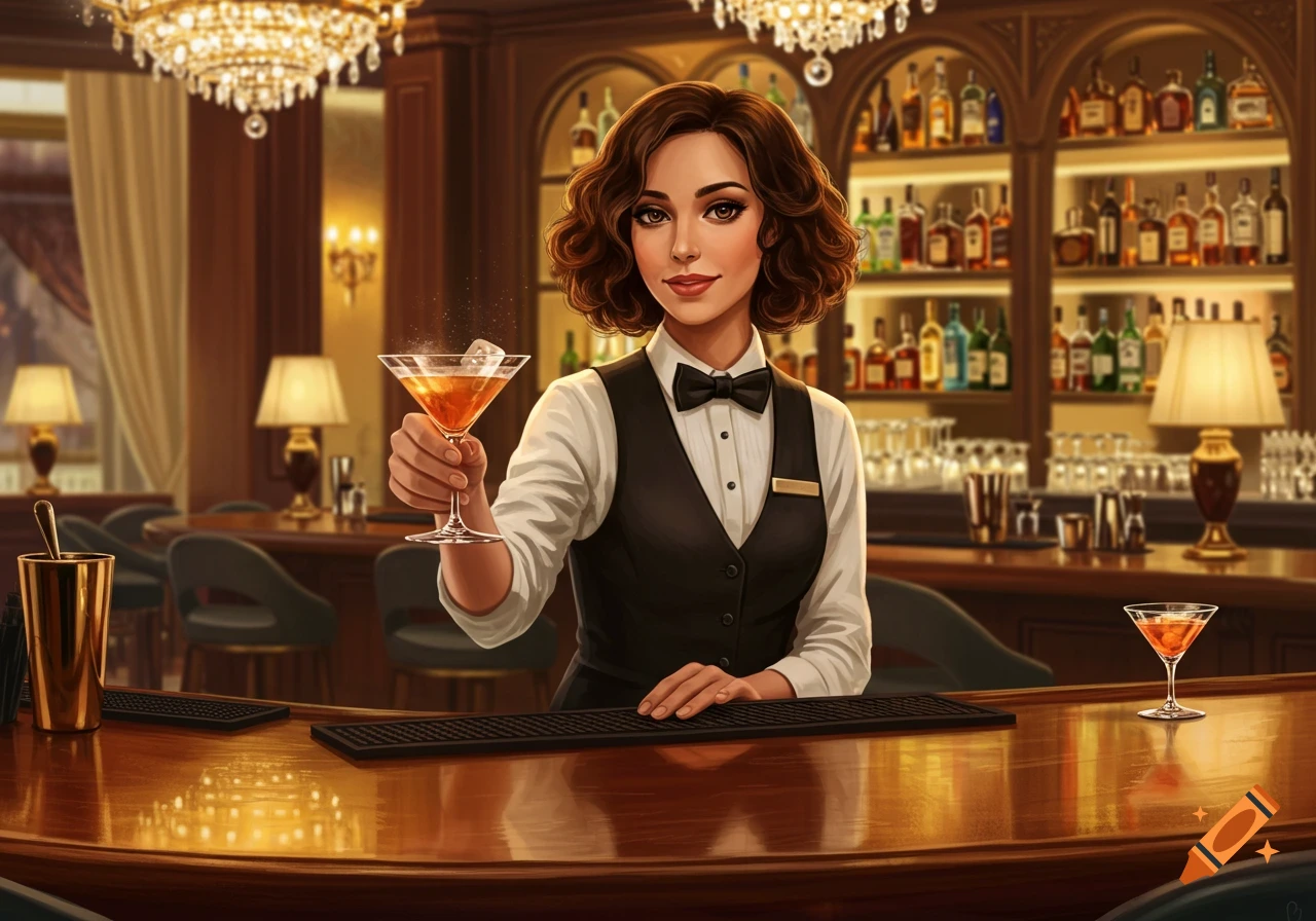 A smiling female bartender in a vest and bow tie holds a cocktail glass across a polished bar in a detailed illustration.