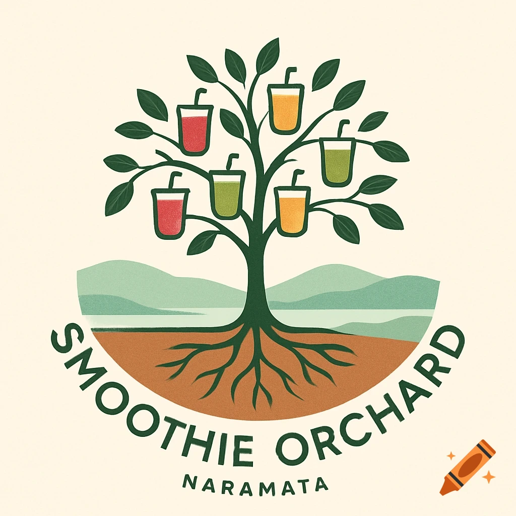 A stylized logo for 'Smoothie Orchard Naramata' featuring a tree with smoothies hanging like fruit, against a landscape with mountains and water.