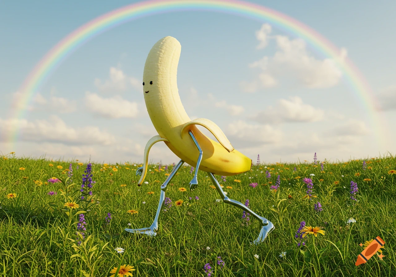 A whimsical banana with shiny metallic legs walks through a vibrant field of wildflowers under a bright sky with a rainbow.