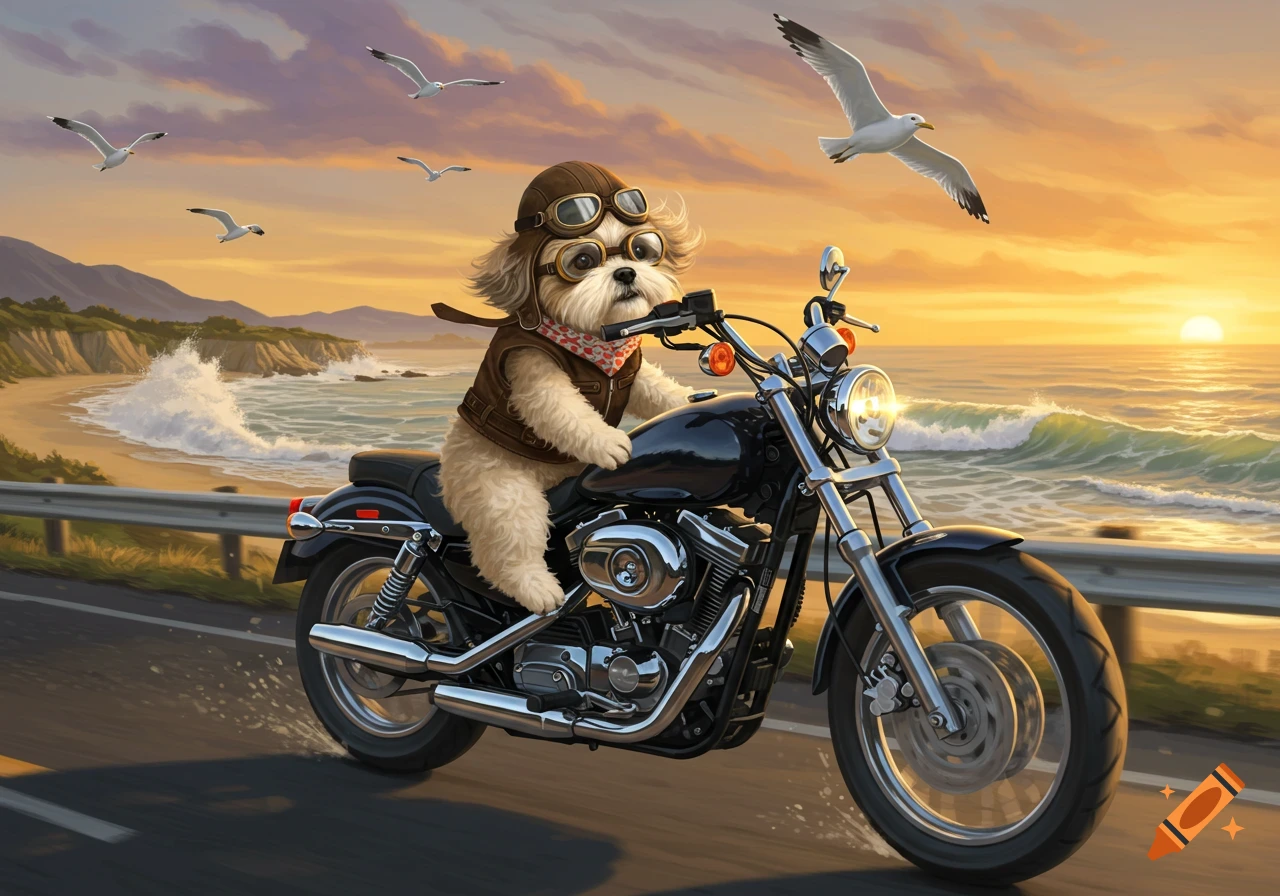 A cute Shih Tzu dog wearing a helmet and goggles rides a black motorcycle along a coastal road at sunset with seagulls flying overhead.