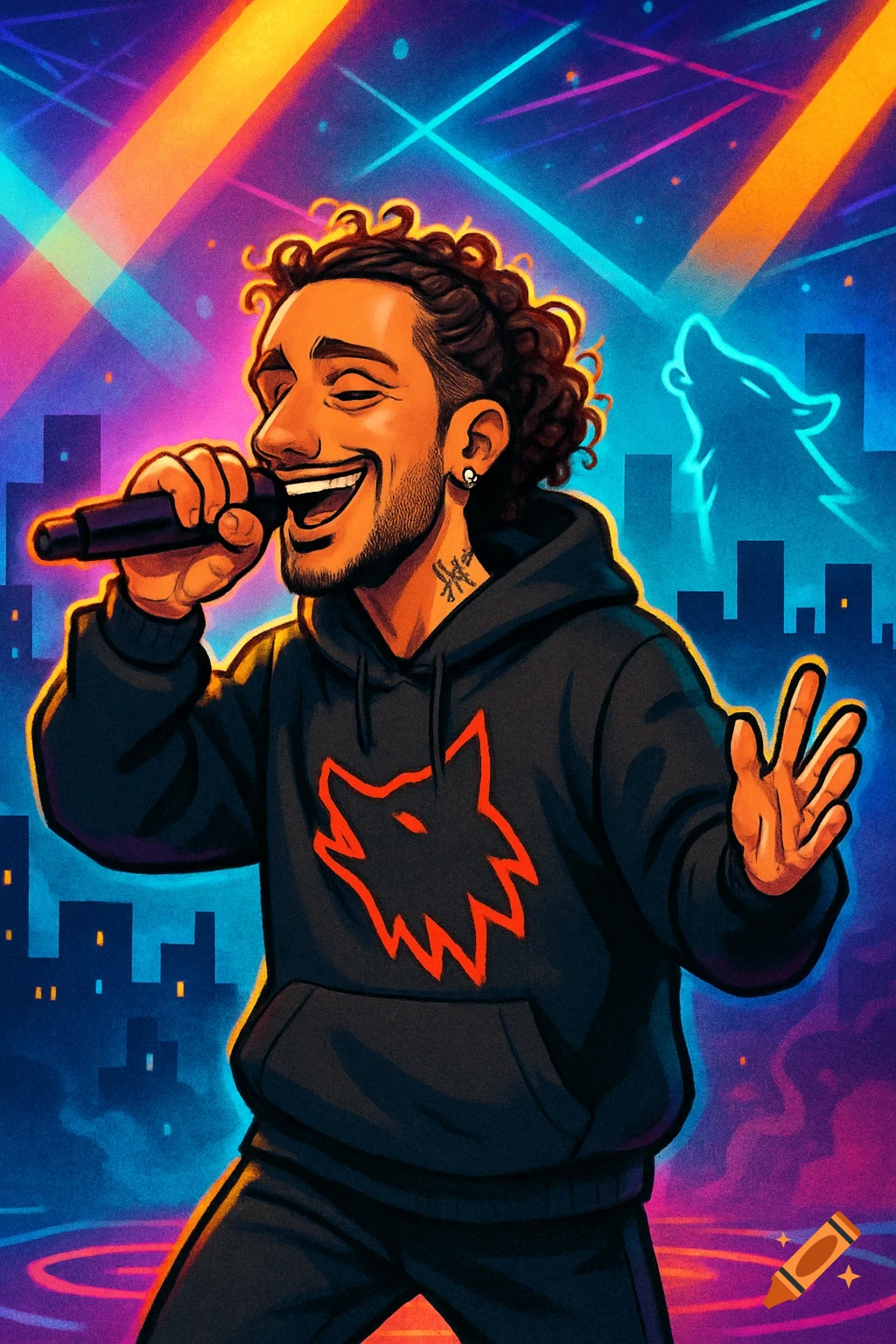 Cartoon rap artist with a wolf logo on his black hoodie, singing into a microphone on a neon-lit stage with city silhouettes.