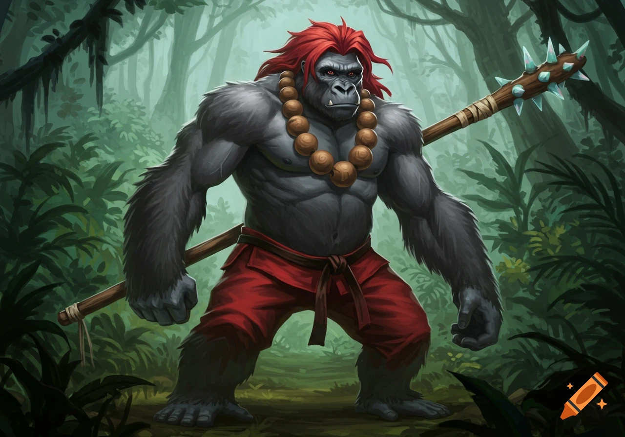 A powerful grey gorilla with red hair, red pants, and a bead necklace stands in a jungle, holding a spiked staff in this fantasy illustration.