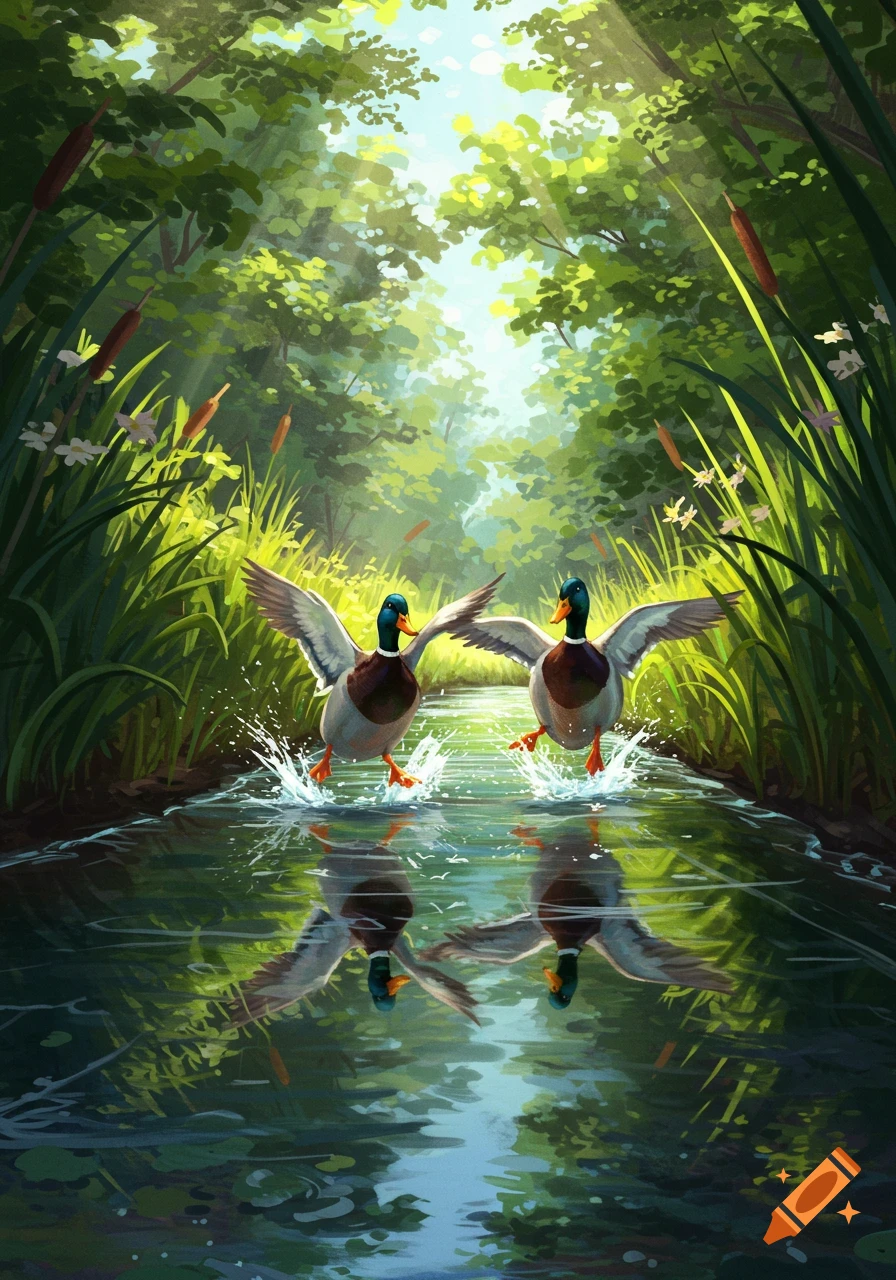 Two mallard ducks running and splashing through a shallow brook surrounded by lush green foliage and cattails, in an illustration.