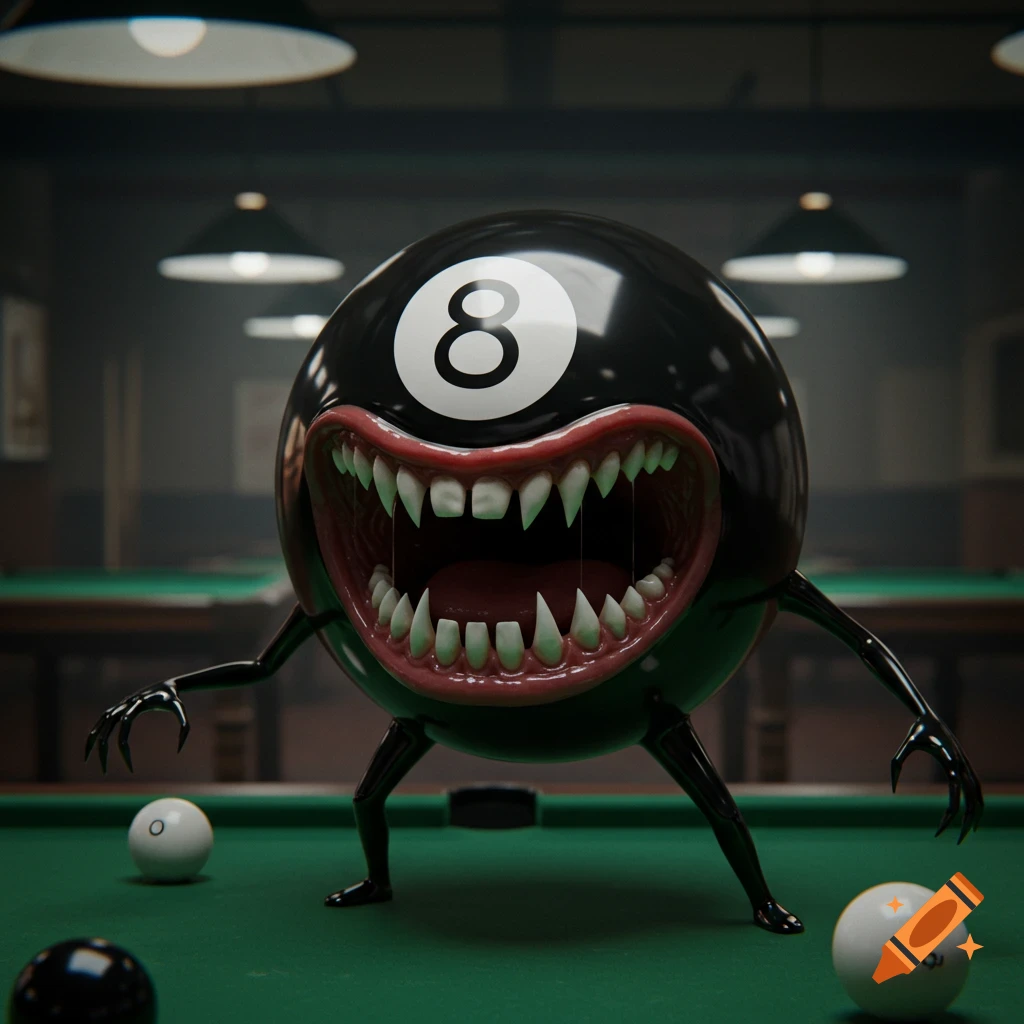 A monstrous black 8-ball with sharp teeth, thin arms, and legs stands on a green pool table in a dimly lit billiards hall.