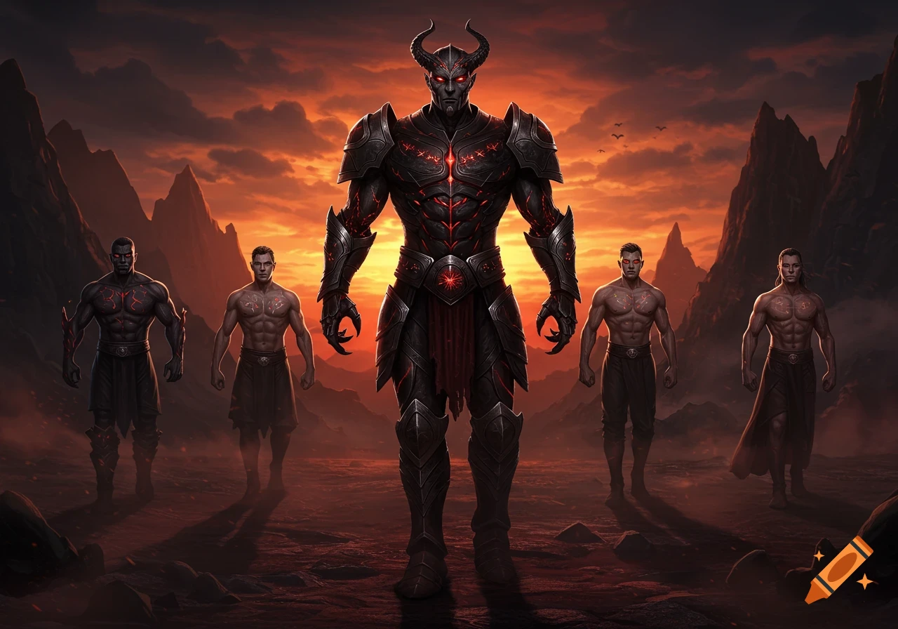 A horned demon in black armor with glowing red details stands with four shirtless muscular men in a fiery, desolate fantasy landscape.