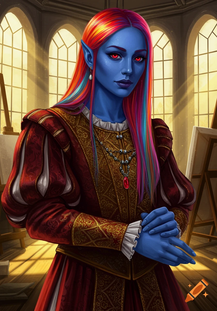 A blue-skinned elf with red eyes and rainbow hair wears an ornate red and gold historical gown in a sunlit studio.