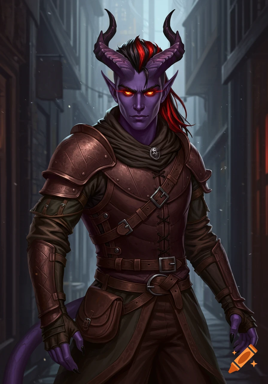 A realistic illustration of a male tiefling with purple skin, glowing red eyes, and horns, wearing brown leather armor in a dark alley.