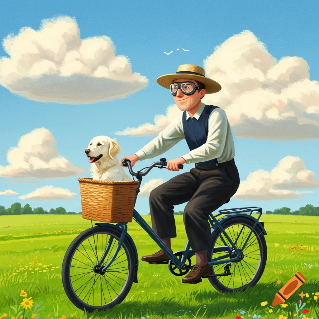 Illustrated man in a straw hat and goggles bikes through a sunny green field with a golden retriever in his front basket.