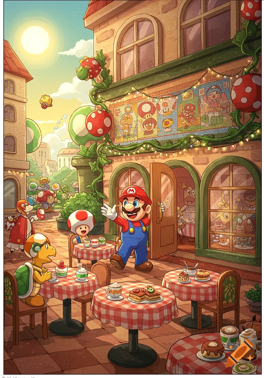 Mario welcomes customers to his outdoor cafe, with Toad, Koopa Troopa, and other characters enjoying treats in a sunny street.