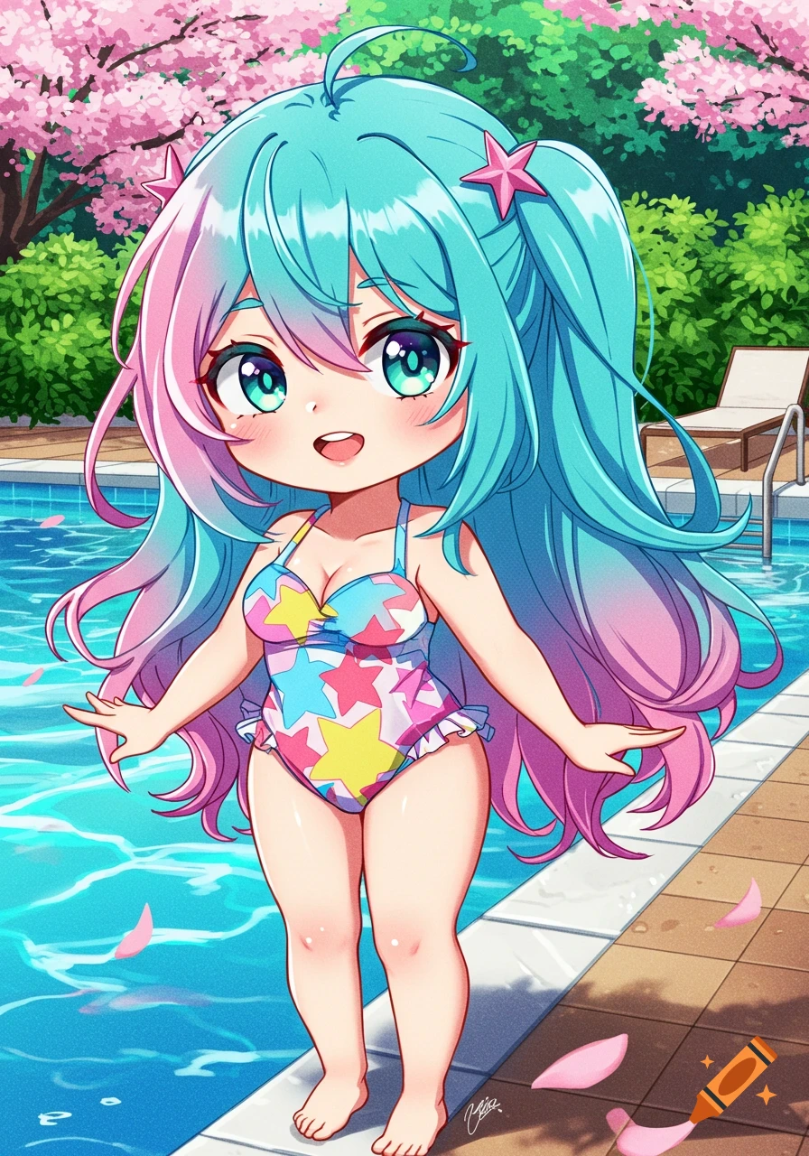 A cute chibi anime girl with blue and pink hair, big green eyes, wearing a star-patterned swimsuit, stands smiling by a swimming pool with cherry blossoms.