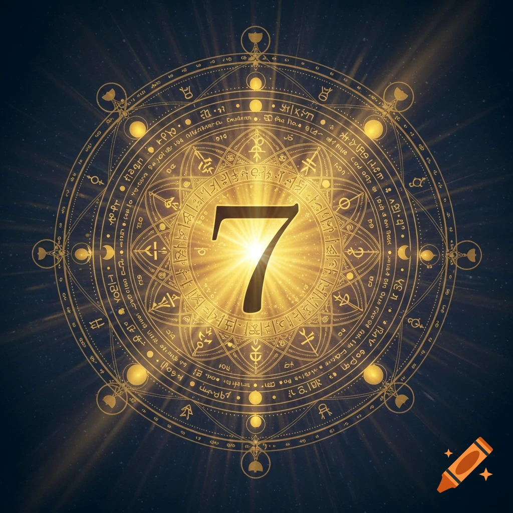 A glowing golden number 7 sits at the center of an ornate circular emblem with intricate patterns and symbols, against a dark, starry background.