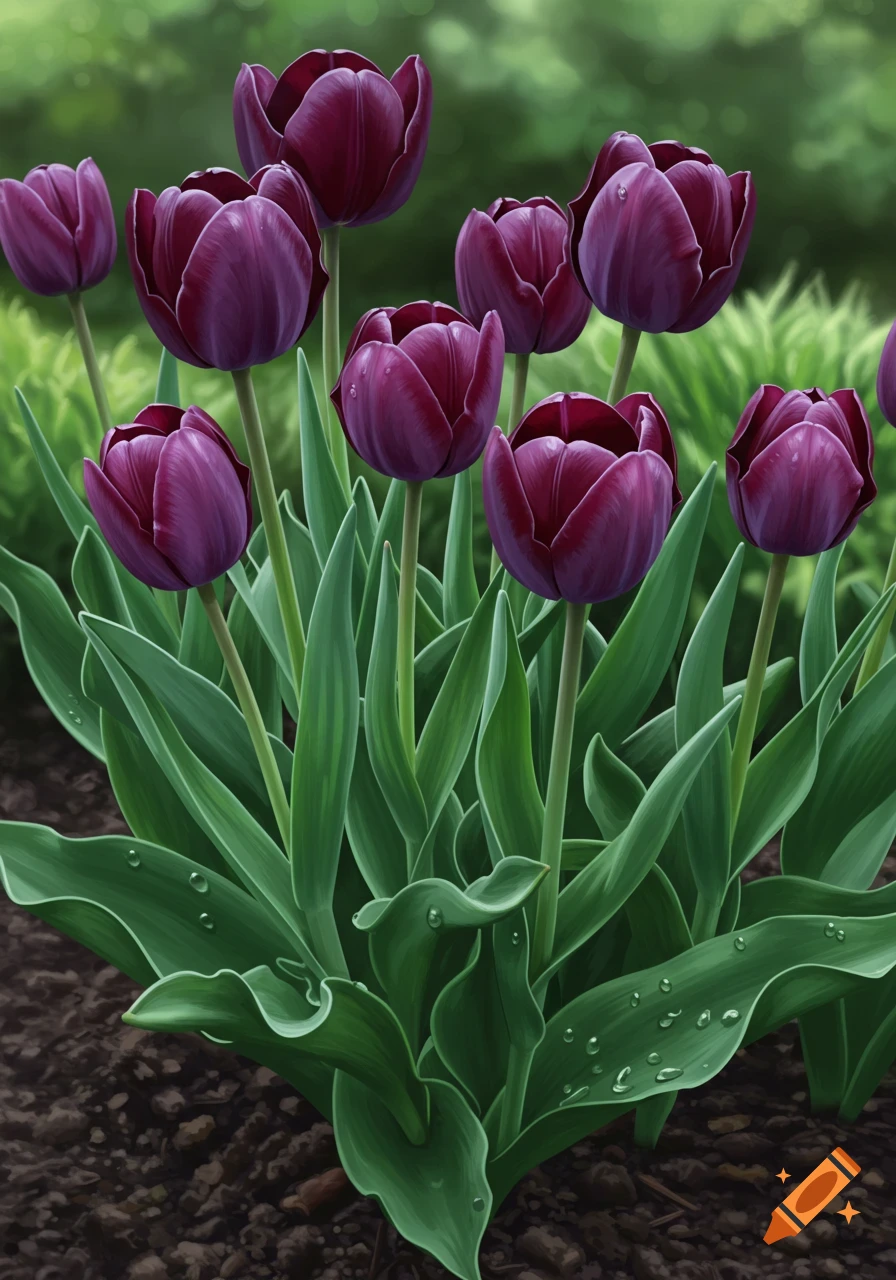 Dark purple tulips with green leaves and water droplets in a garden bed, with a blurred green background.
