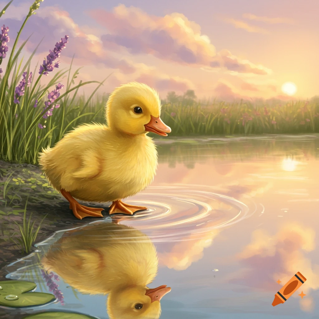 A cute yellow duckling stands by a pond, gazing at its reflection under a colorful sunset sky with lavender. Illustrated.