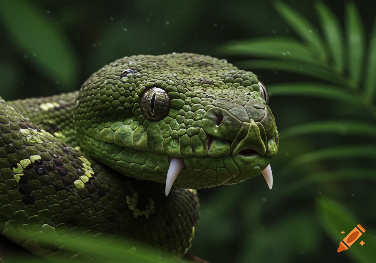 Photorealistic close-up of a green snake's head with fangs and water droplets, against a blurred green background.