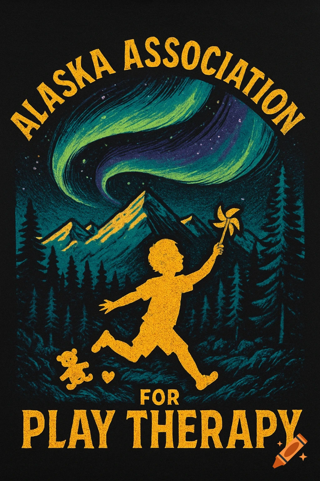 Screen print graphic design of a child running with a pinwheel, a teddy bear, mountains, and aurora. Text: ALASKA ASSOCIATION FOR PLAY THERAPY.