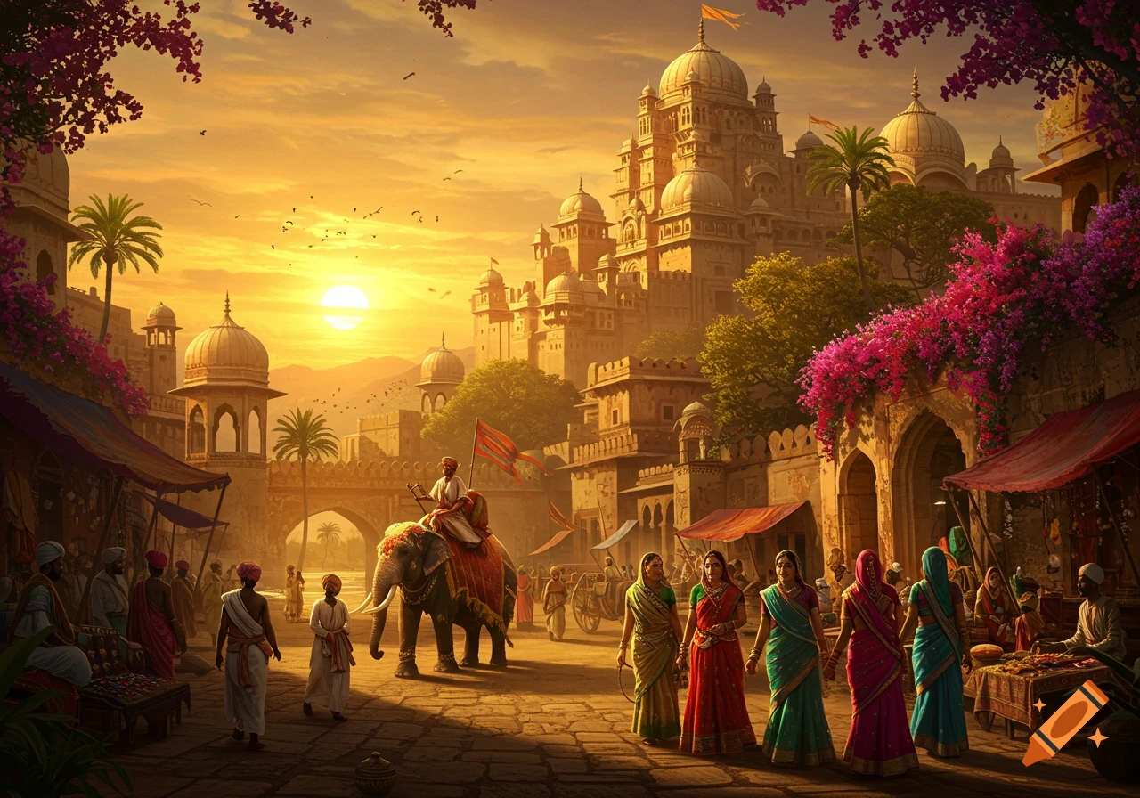 Vibrant ancient Indian city market at sunset with people, an elephant, and grand domed architecture adorned with flowers.