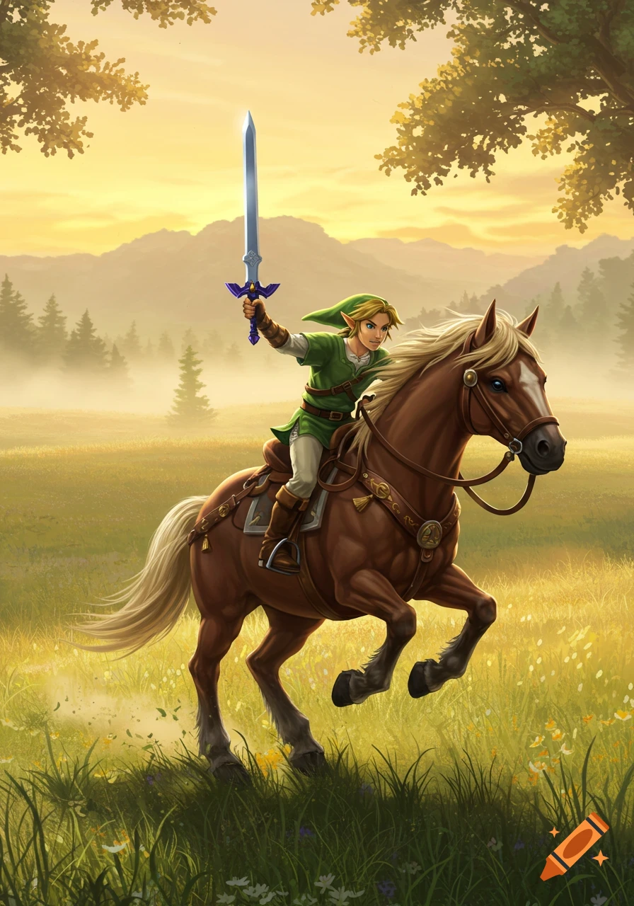 Link, a heroic figure in green tunic, rides a brown horse through a grassy field, holding a glowing sword aloft at sunset.