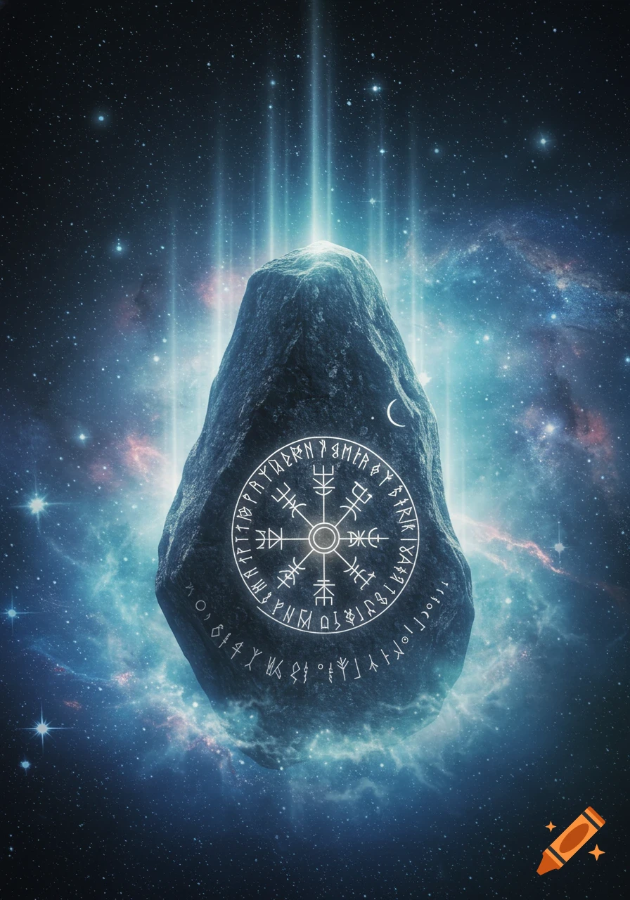 A large, dark, mystical stone with glowing white runic symbols and a Vegvisir compass floats in a vibrant blue and purple galaxy with stars and light rays.