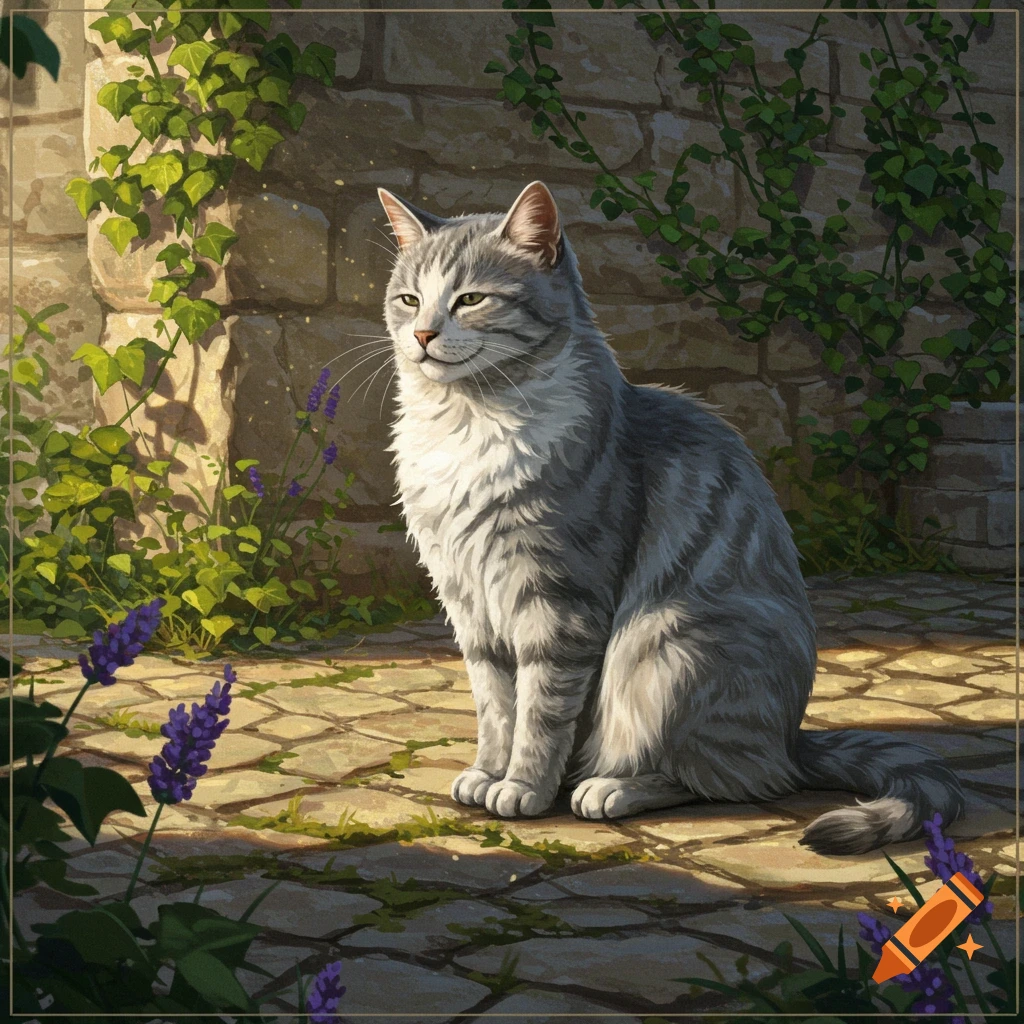 A fluffy gray tabby cat sits alertly on sunlit stone paving in a rustic garden with lavender flowers and ivy on a stone wall.
