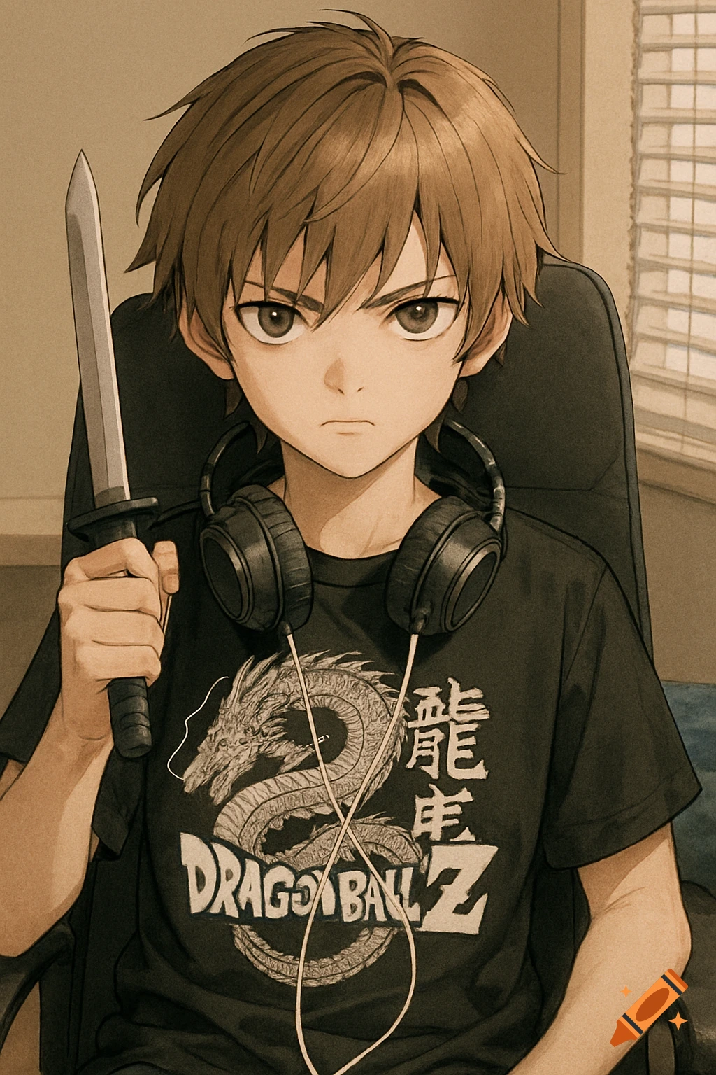 Anime-style young boy with brown hair, headphones, and a Dragon Ball Z shirt, holding a short sword, looking directly forward.