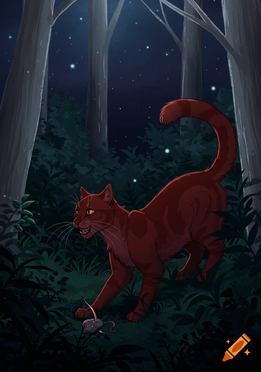 A sleek maroon tomcat holds a captured mouse in a starlit forest at night in a stylized illustration.