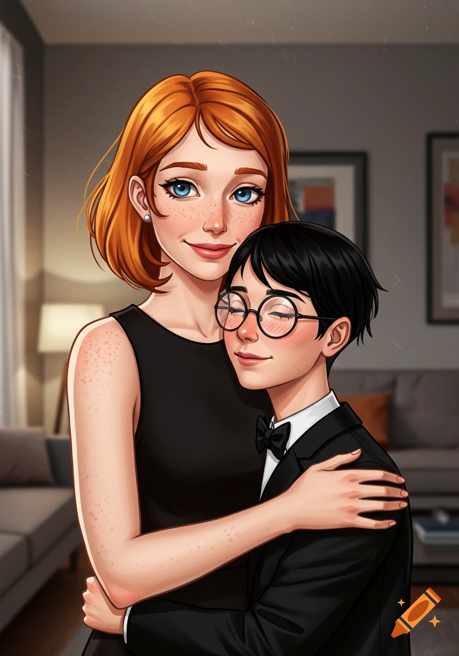 Digital illustration of a smiling redhead woman with blue eyes embracing a shorter person in a tuxedo.